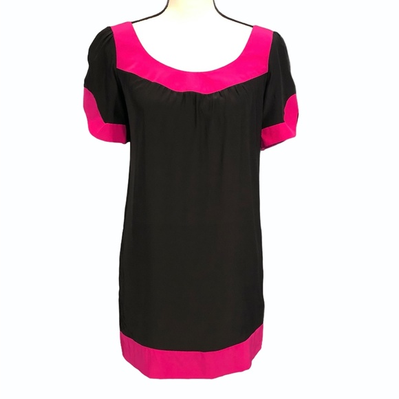 AMANDA UPRICHARD BLACK & BRIGHT PINK SILK MINI SHORT SLEEVE DRESS SIZE P